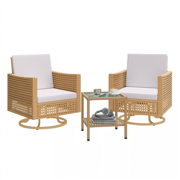 Craftian Patio Swivel Chairs, 3 Pieces Patio Furniture Set of 2 Swivel Glider Rocking Chairs with Side Table,Bistro Set - Beige