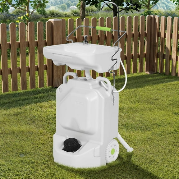 Craftian Portable Camping Wash Station with Adjustable Wash Basin & Wheels, Portable Sink with 10-gal Water Tank, White