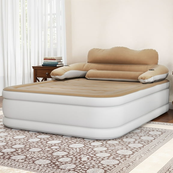 Uforic Queen Air Mattress w/ Headboard & Pump, 18" Inflatable Bed, Carry Bag & Repair Kit, Brown