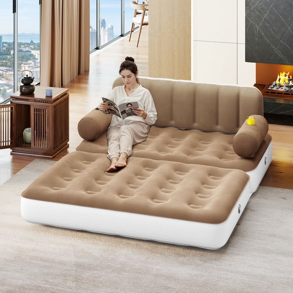 Uforic Queen Size Air Mattress with Built-in Air Pump, Brown Bed Skirt and Gray Top Including Repair Kit and Storage Bag, Supports Inflation/Deflation