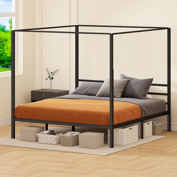 Uforic King Size Metal Canopy Bed Frame with Headboard, Four-Poster 14-Inch Platform with Metal Slats, Requires No Box Spring (Black)