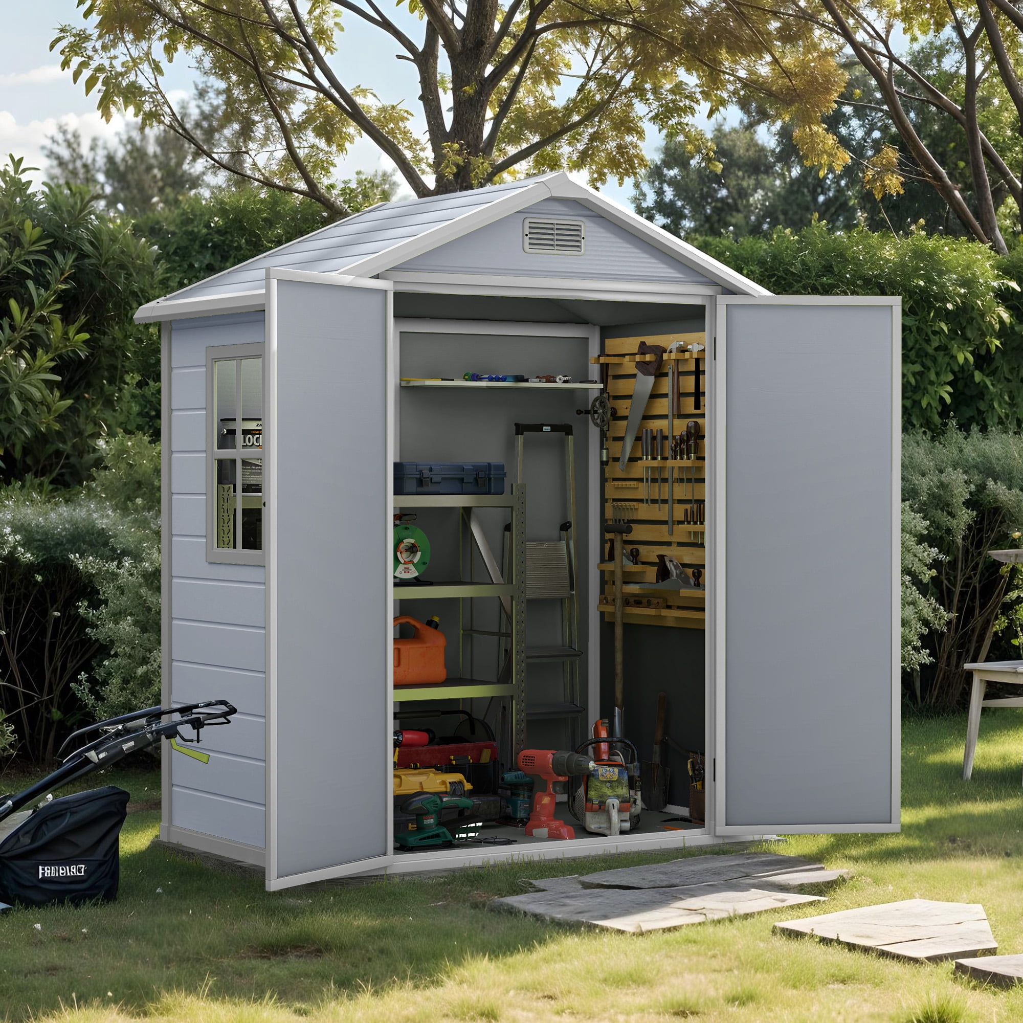 Craftian Resin Outdoor Storage Shed,6.2x3.4ft Plastic Outdoor Shed with Secure Floor Lockable Door Garage Patio Garden Storage Shed