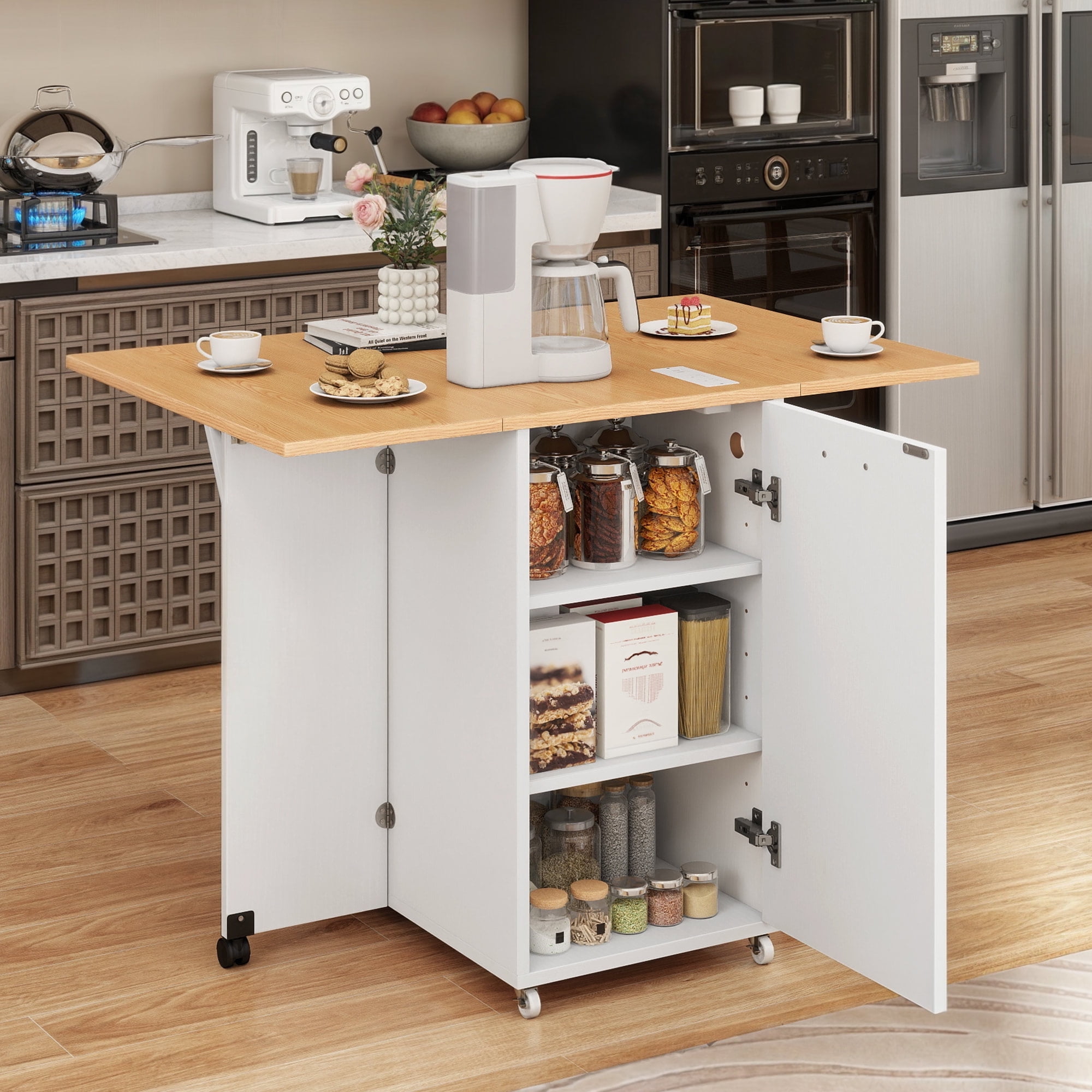 Craftian Rolling Kitchen Island with Cabinet for 10-Gallon Trash Bin, Kitchen Storage Cart with Drop Leaf & Power Outlets, White