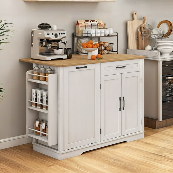Craftian Rolling Kitchen Island with Drop Leaf Countertop, Kitchen Island Cart with Storage Cabinet for 13-Gallon Trash Bin, Off-White