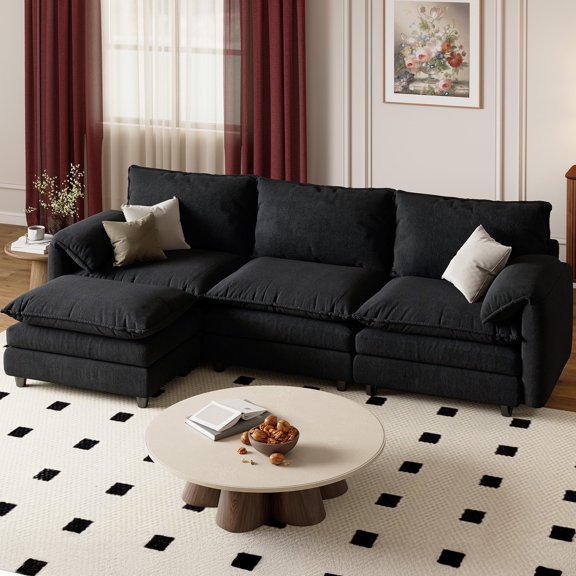 Craftian Sectional Sofa with Ottoman, 108" L Shape Modern 4 Seat Cloud Couch with Pillow-Armrest, Black