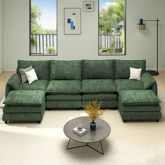 Craftian Sectional Sofa with Ottoman, 142" U Shape Modern 6 Seat Cloud Couch with Pillow-Armrest, Green