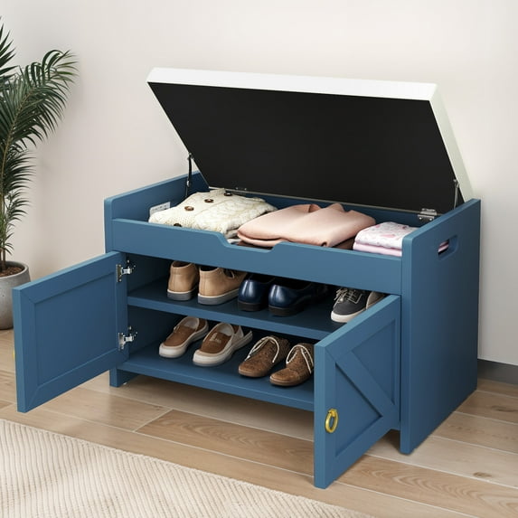 Craftian Shoe Bench with Storage Cabinets, Entryway Storage Bench Shoe Rack Organizer Unit , Blue
