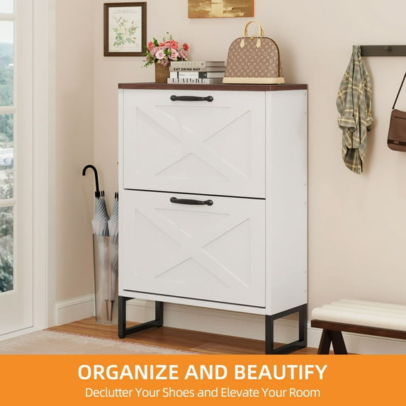 Craftian Shoe Cabinet with 2 Flip Drawers, Free Standing Shoe Racks Storage Cabinet with Metal Legs , Famhouse Shoe Rack Organizer Narrow Closet for Entryway Hallway,White