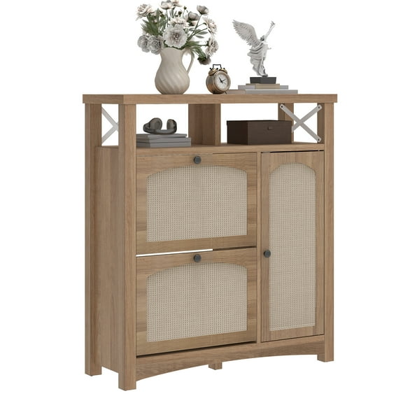 Craftian Shoe Cabinet with 2 Flip Drawers & Door, Farmhouse Shoe Organizer Rack with Open Shelf, Oak