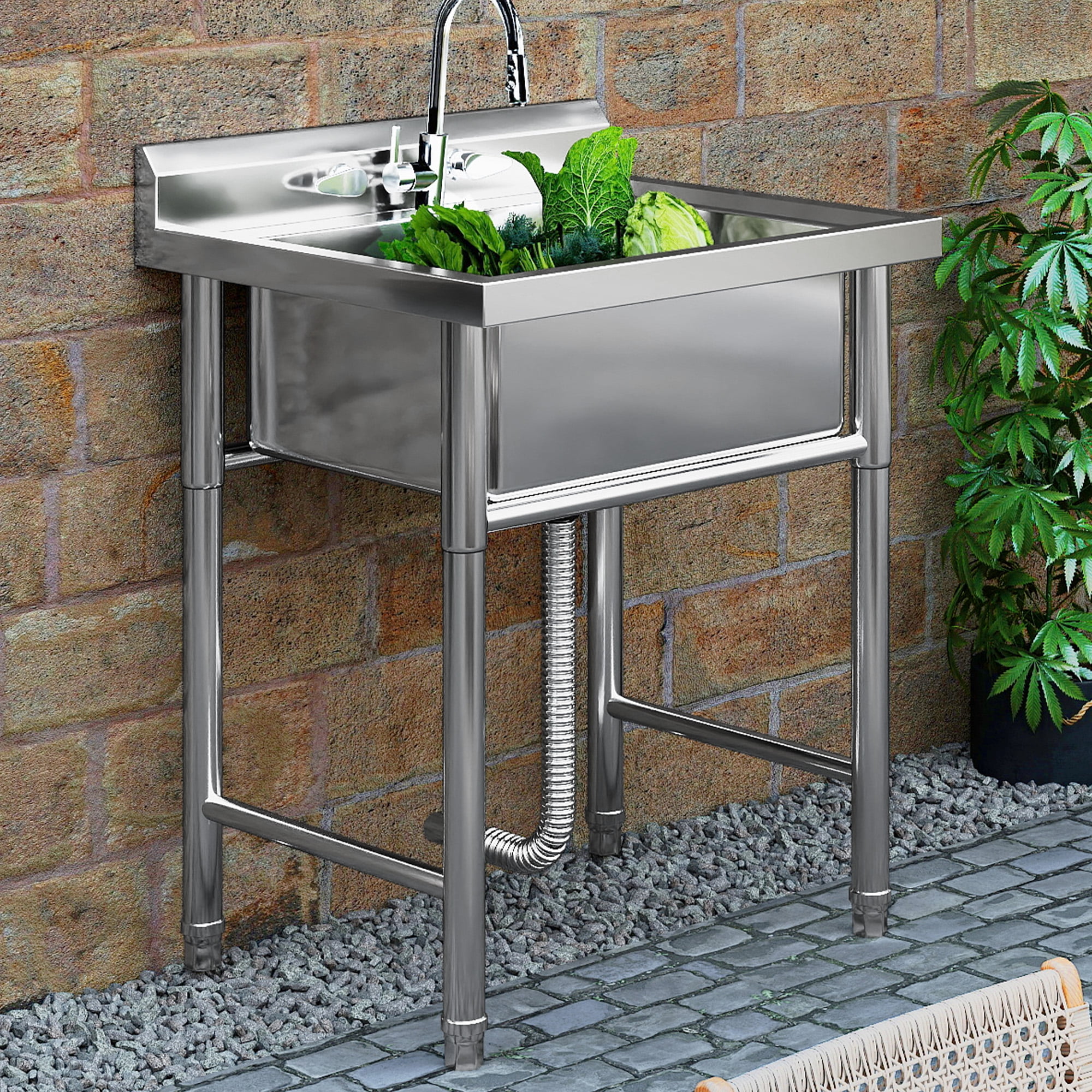 Craftian Stainless Steel Utility Sink with Single Water Tank & Drainage Pipe for Kitchen/Laundry/Garage, Silver