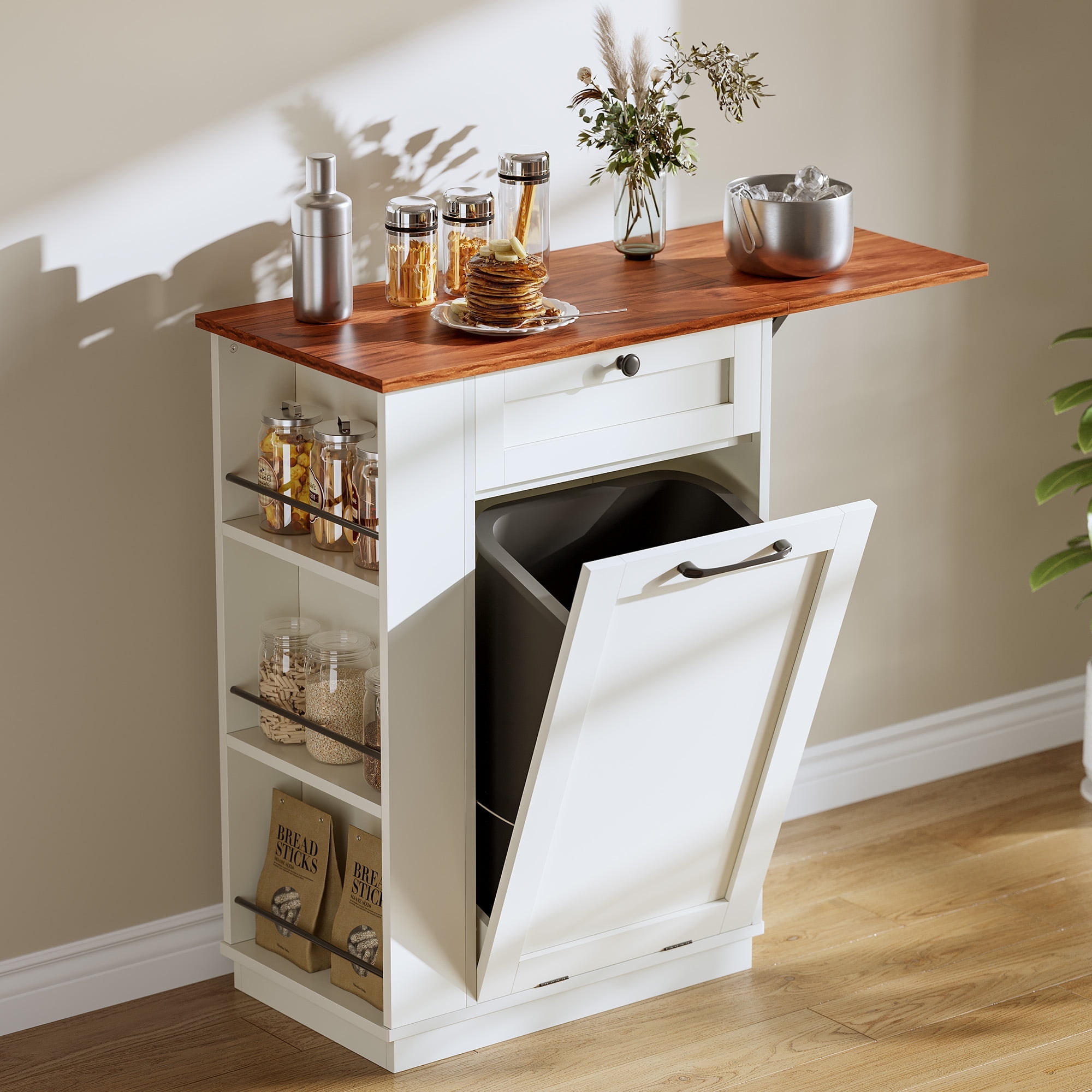 Craftian Trash Bin Storage Cabinet with Drop Leaf & Drawer, Kitchen ...