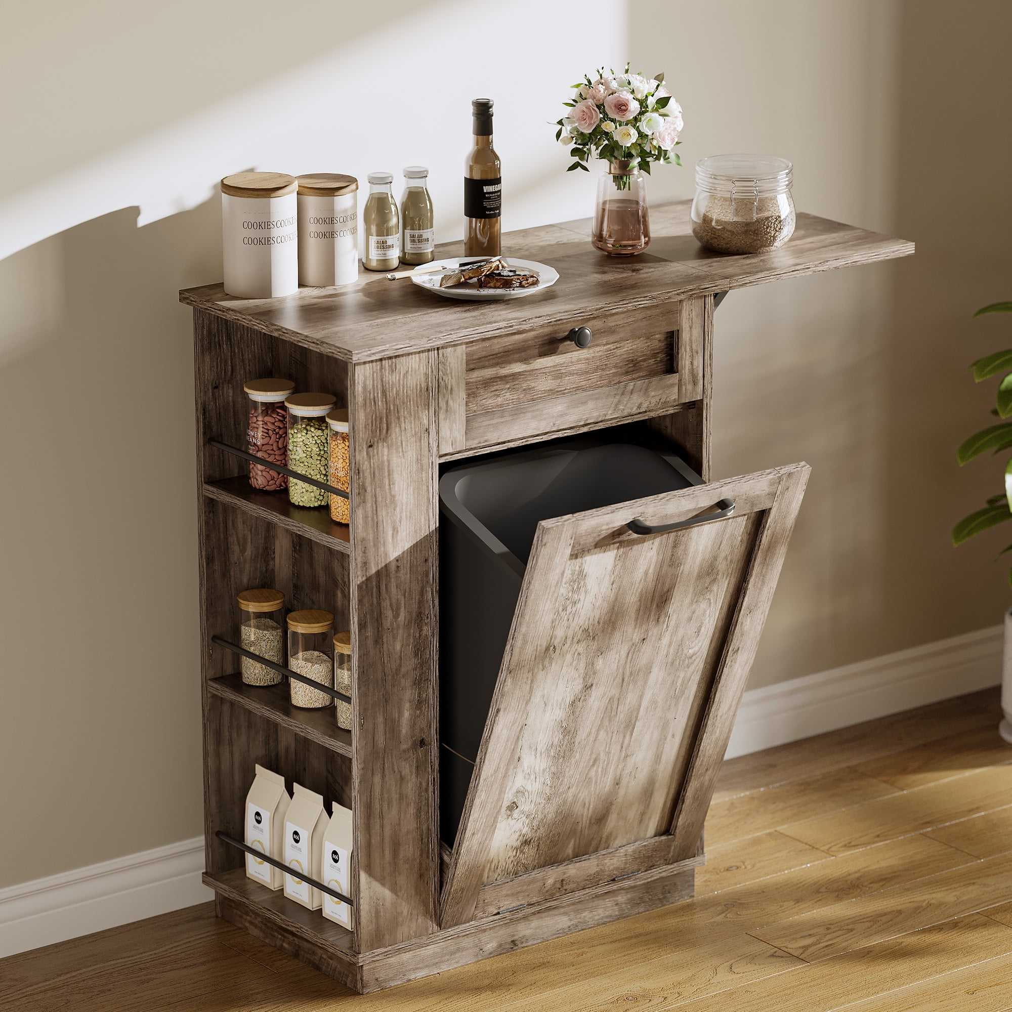 Craftian Trash Bin Storage Cabinet with Drop Leaf & Drawer, Kitchen ...