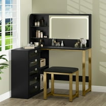 Craftian Vanity Desk with LED Lights Mirror & Power Outlet,Makeup Table with Stool and Hidden Storage Shelves, 5 Drawers, Dressing Table Set with Chair,Black