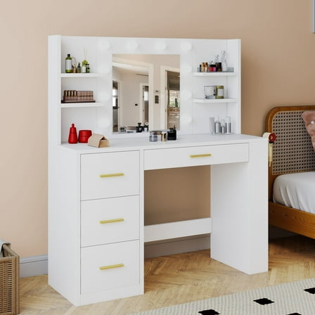 Craftian Vanity Desk with Mirror and Lights, Vanity Table,Dressing Table with 4 Drawers,8 Shelves - White