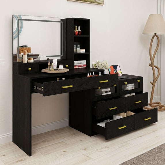 Craftian Vanity Table with Lighted Mirror and 10 Drawers, Makeup Table with Charging Station for Bedroom - Black