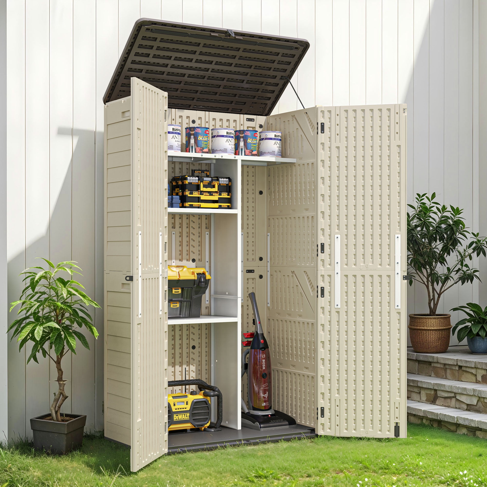 Craftian Vertical Resin Outdoor Storage, 50 cubic feet w/ Shelving for Garden Garage Poolside, Locking Capability, (Khaki & Brown)