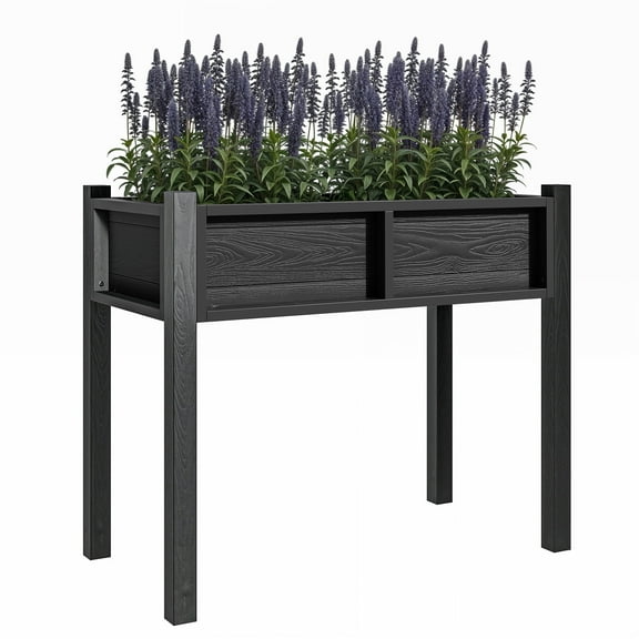 Craftian Weatherproof Elevated Planting Box , 34"W Raised Garden Bed with Drain Holes, Black
