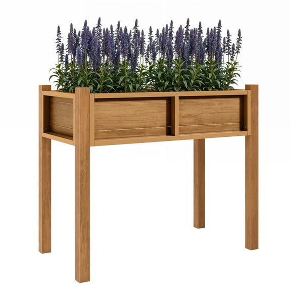 Craftian Weatherproof Elevated Planting Box, 34"W Raised Garden Bed with Drain Holes, Teak Color