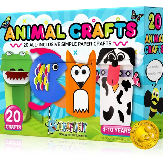 Craftikit 20 Crafts in a Box - 20 Simple Paper Crafts for Kids Ages 3-8 - Arts and Crafts Kit with Envelopes Glue Stick Tape - Low Mess Easy to Complete Fun for Creativity & Fine Motor Skills