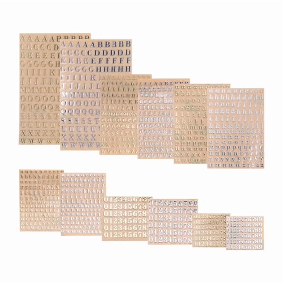 Crafting Alphabet and Number Resin Stickers, Alloy, Self-Adhesive, Gold & Silver, 3mm/4.5mm Tall, 12 Sheets, OPP Packaging