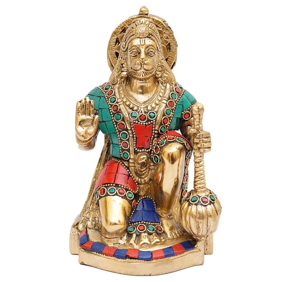 Craftlayout Brass Hanuman Idol | Multicolor Stone Work | 7.5 Inch Tall | Lord Bajrangbali Murti for Home Temple, Office & Gifting 2.2 Kg