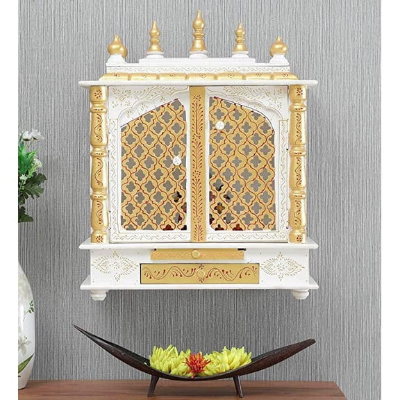 Craftlia Wooden Rajasthani Handpainted Temple with Light (Inside Temple: 18 X 12 X 16 Inch, Outside Temple: 24 X 12 X 30 Inch, White Gold)