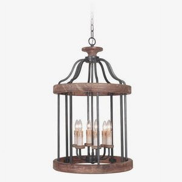 Matte Black and Wood 4-Light Drum Pendant