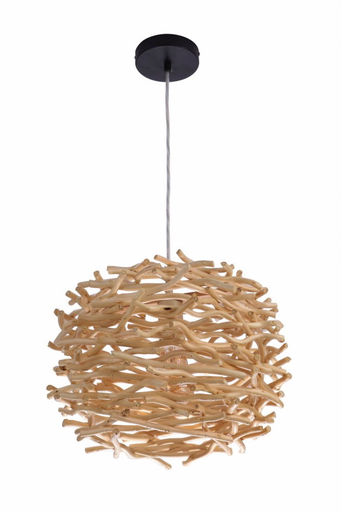 Natural Wood and Iron Indoor/Outdoor Pendant Light