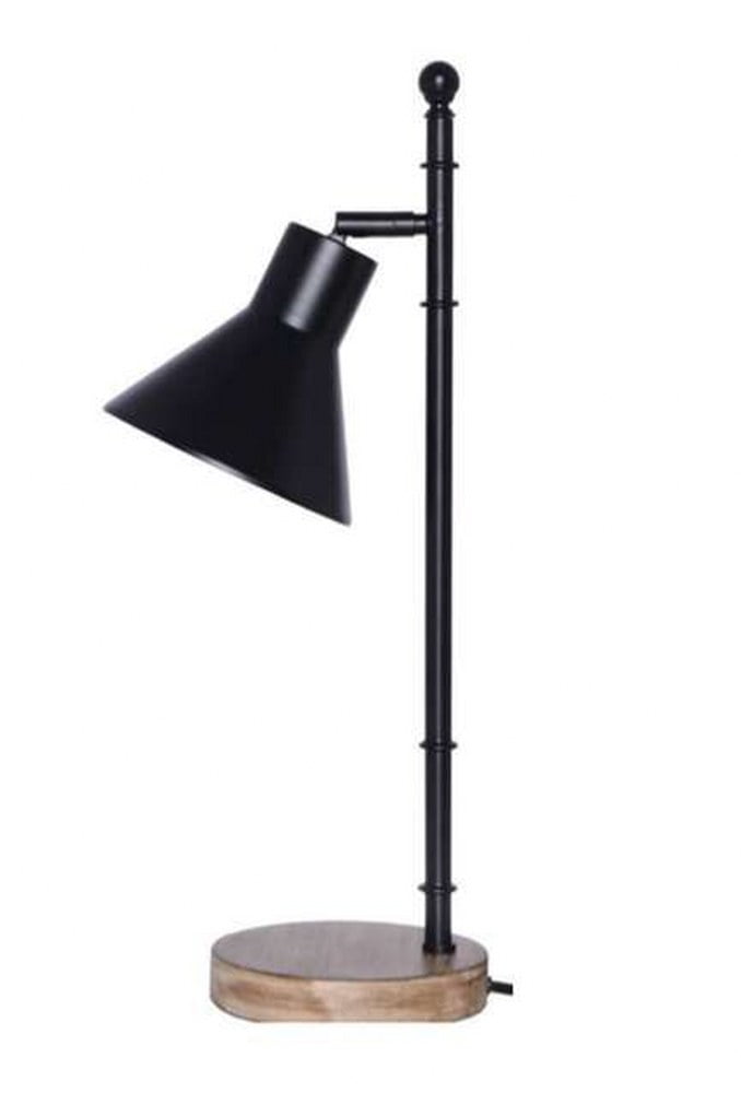 Adjustable Flat Black Metal Table Lamp with Wooden Base