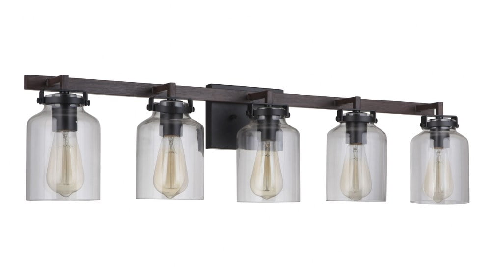 Foxwood 5-Light Flat Black and Dark Teak Vanity Light with Clear Glass Shades