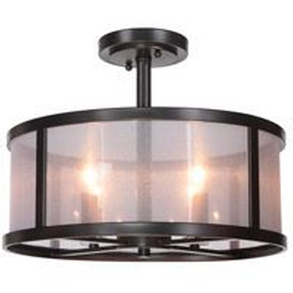Matte Black and Wood 4-Light Drum Pendant