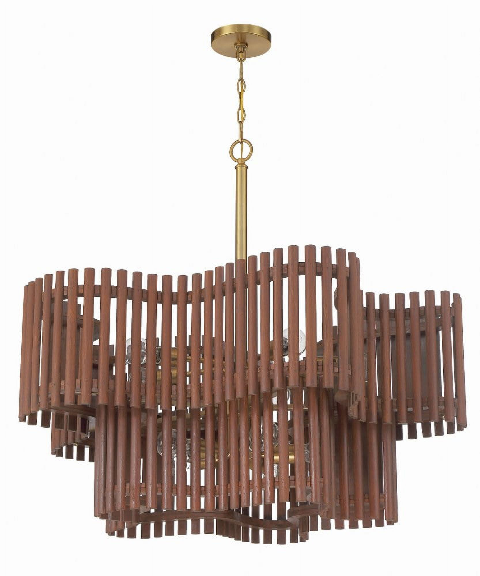 Satin Brass and Walnut 10-Light Wooden Chandelier
