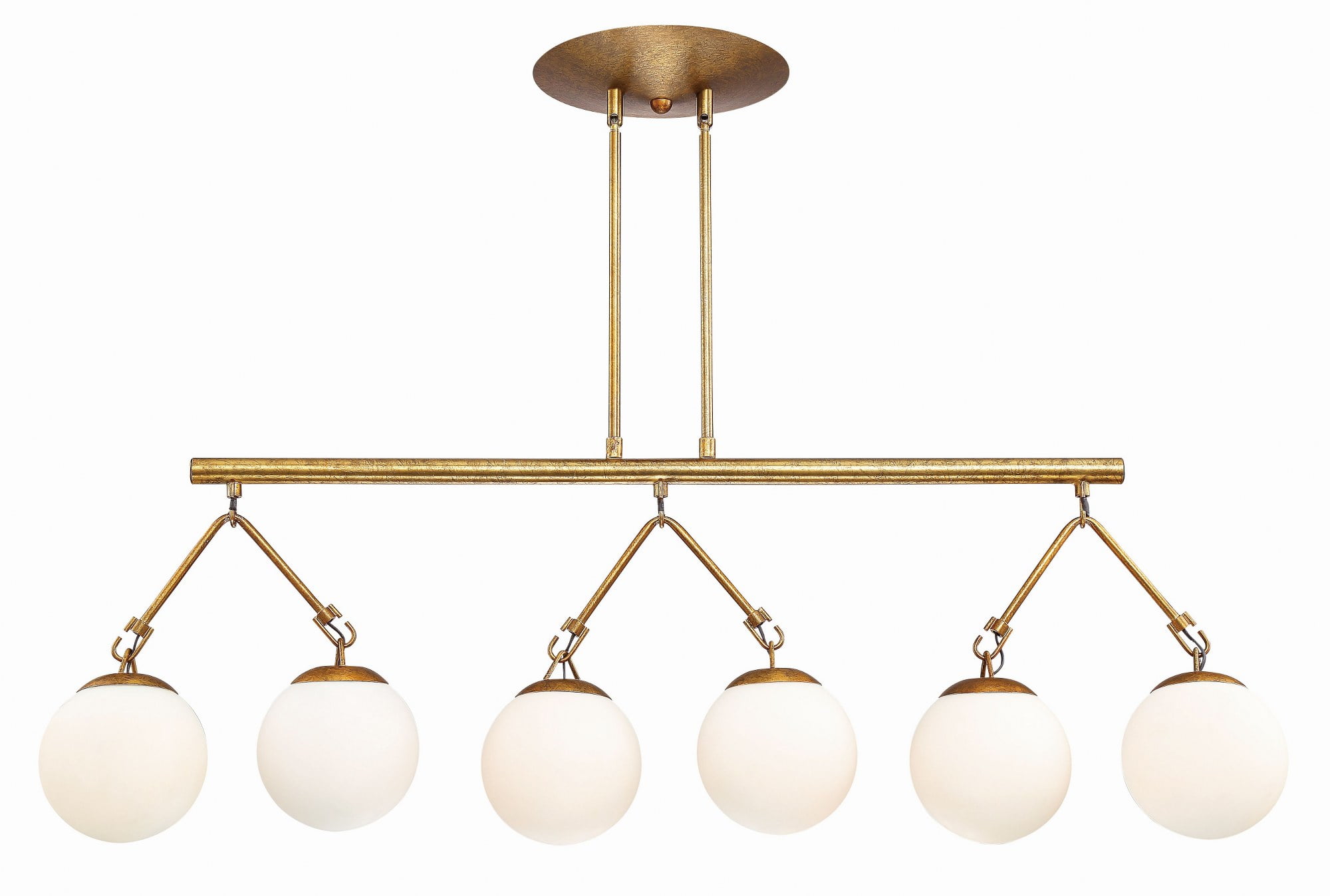 Patina Aged Brass 6-Light Geometric Linear Chandelier with Frosted Glass Shades