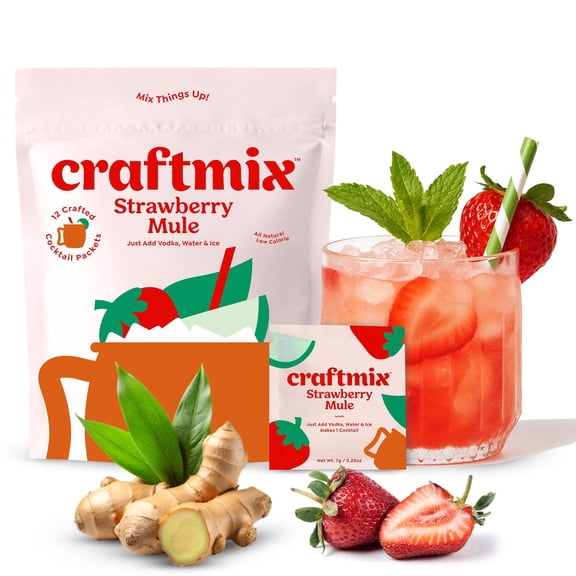Craftmix Strawberry Mule, Makes 12 Drinks, Skinny Cocktail Mixers Moscow Mule - Mocktail Drink Mixers - Made With Real Fruit - Vegan Low-Carb, Low-Sugar, Non-GMO, Dairy Free, Gluten Free, Easy to Mix