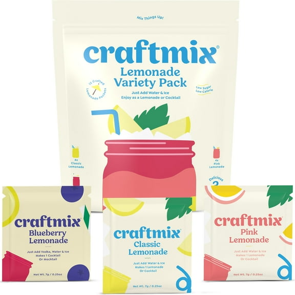 Craftmix Lemonade Variety Mix, 12 Packets, Easy Powder Drink with Real Fruit, Low-Sugar, Vegan, Low-Carb, Non-GMO, Dairy-Free, Gluten-Free, Flavored Water Enhancer, On-the-Go Water Flavoring Packets