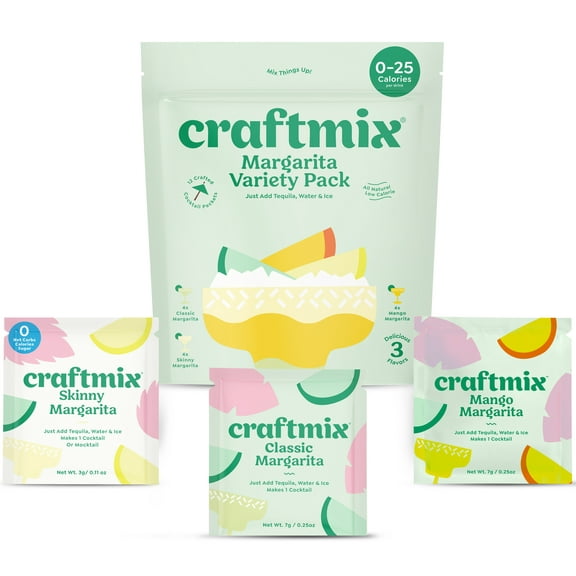 Craftmix Margarita Variety Pack, Makes 12 Drinks, Skinny Cocktail Mixers, Instant Mix Mocktail Kit, Real Fruit, Vegan Low Carb Non-GMO, Dairy Free, Gluten Free, Easy to Mix