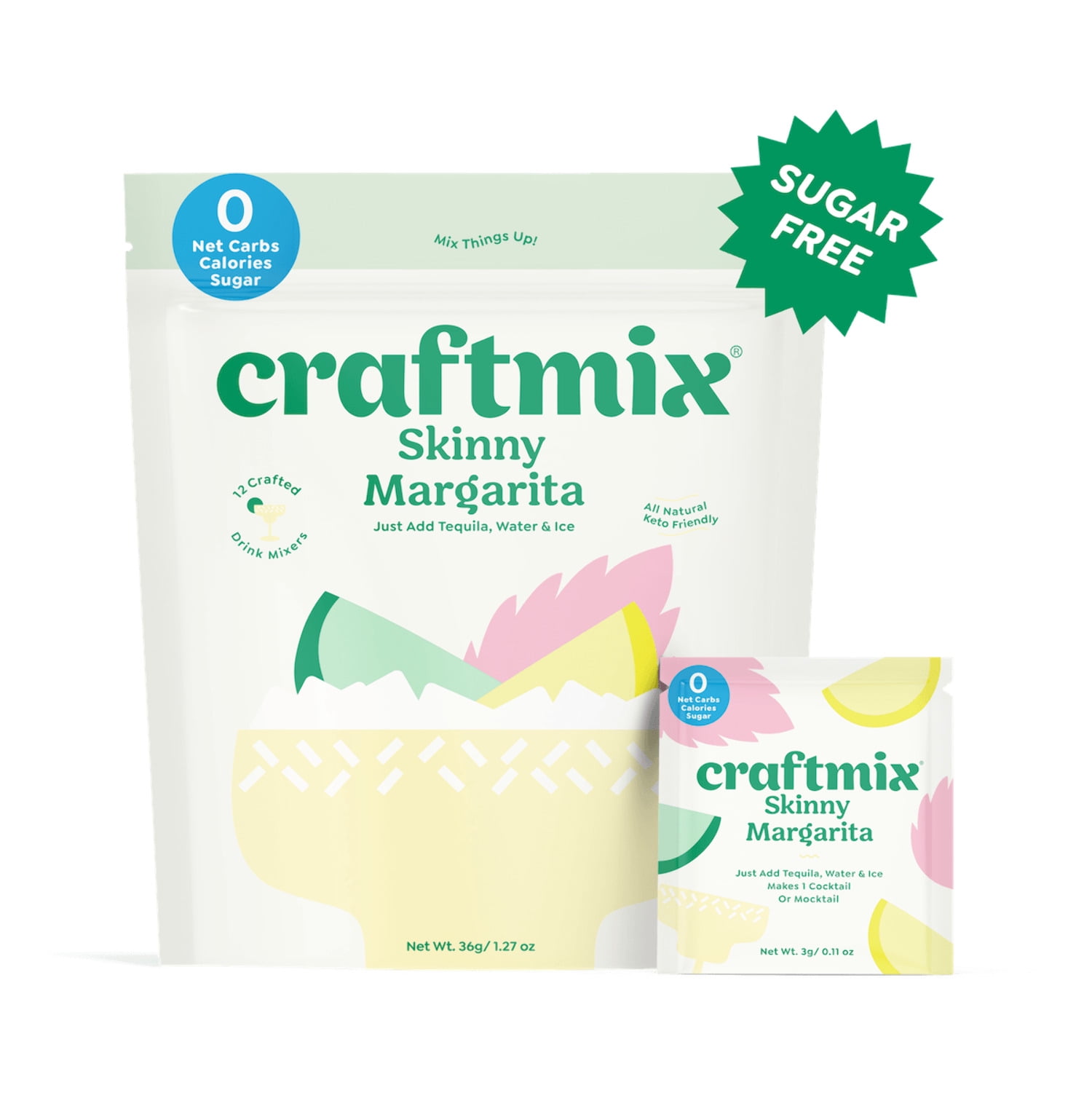 Craftmix Skinny Margarita Cocktail Mixers - Makes 12 Drinks - Zero Sugar, Zero Net Carbs, Zero Calories, All-Natural Mocktail Drink Mixers - Real Fruit - Vegan, Non-GMO, Dairy Free, Gluten Free