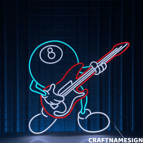 Craftnamesign 8 Ball Play Guitar Neon Sign, Electric Guitar Wall Art, 8 Ball Pool Decor