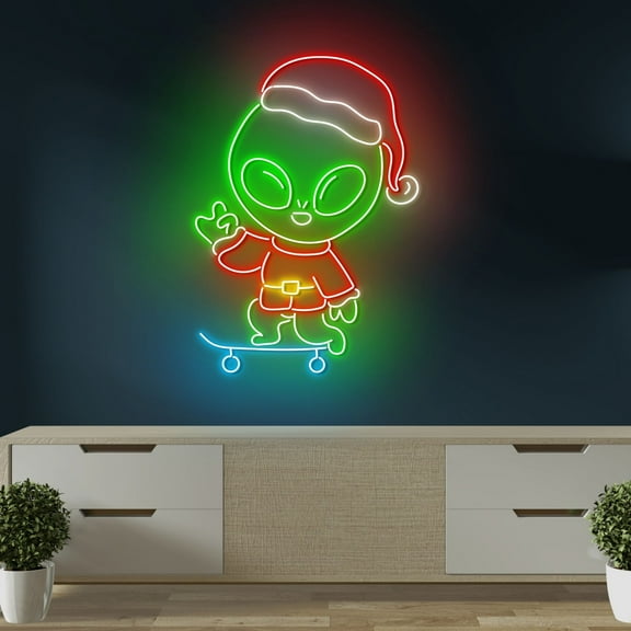 Craftnamesign Alien Skate Xmas Neon Led Light, Christmas Wall Art, Skate Club Wall Decor