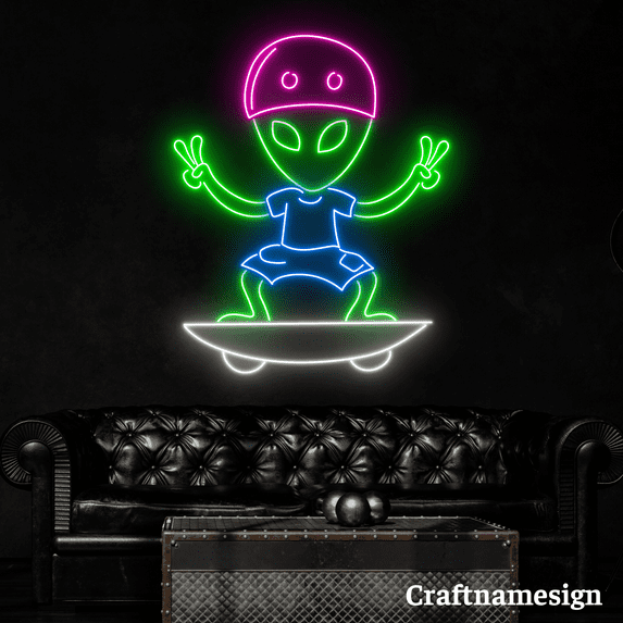 Craftnamesign Alien Skater Neon Sign for Kid Room Bedroom Spaceman Wall Art