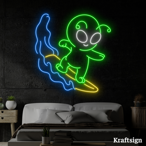 Craftnamesign Alien Surfing Neon Sign, Spaceman LED Sign, Surf Shop Decor
