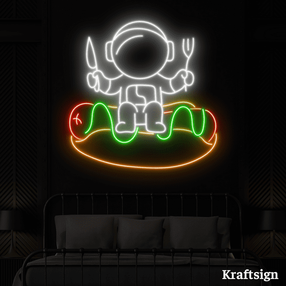 Craftnamesign Astronaut Hotdog Neon Sign, Hotdog Shop LED Sign, Food Decor