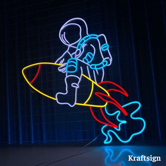 Craftnamesign Astronaut On Rocket Neon Sign, Spaceman Sign, Kid Room Decor