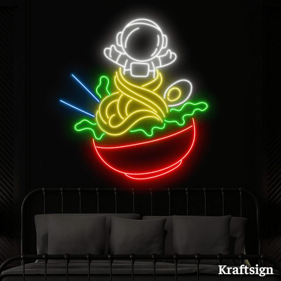 Craftnamesign Astronaut Ramen Neon Sign, Ramen Restaurant Decor, LED Signs