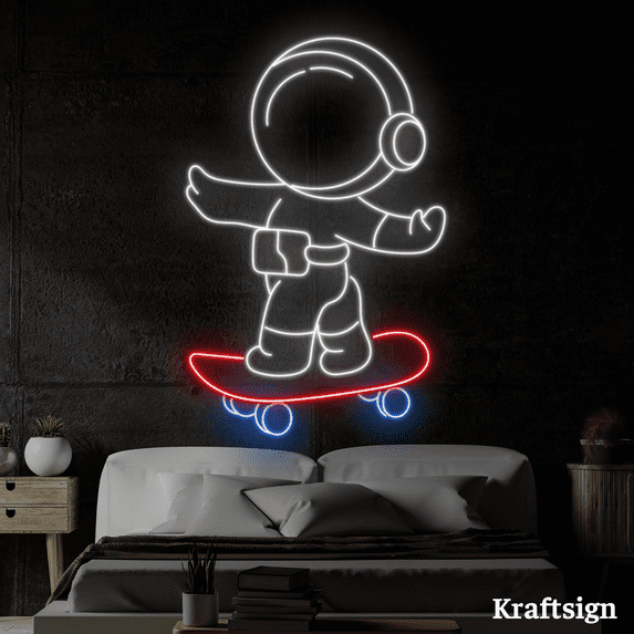 Craftnamesign Astronaut Skating Neon Sign, Skate Shop Decor, Spaceman Sign