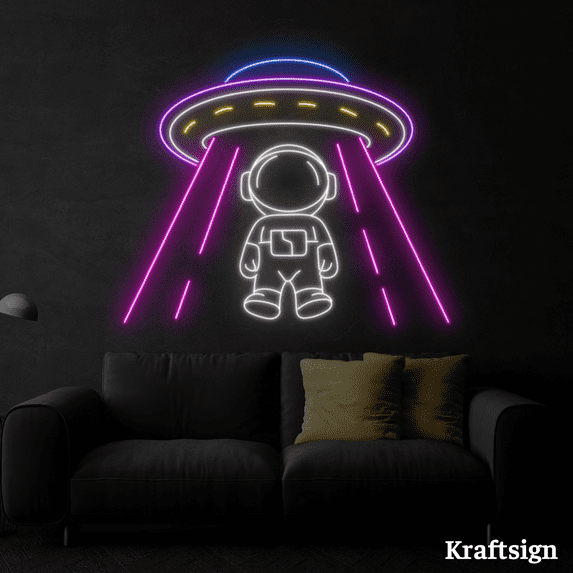 Craftnamesign Astronaut UFO Neon Sign, Spaceman LED Sign, Kid Room Decor