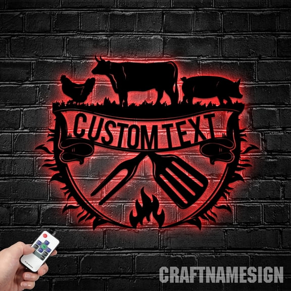 Craftnamesign BBQ Grill Metal Sign LED Light, Custom Backyard BBQ Sign, BBQ Wall Decor