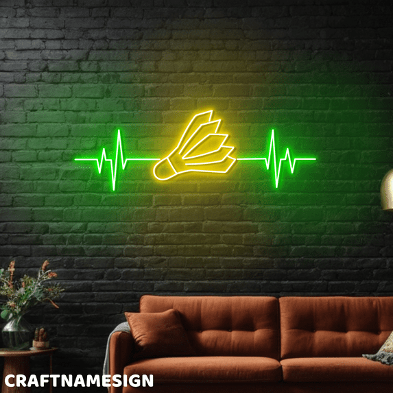 Craftnamesign Badminton Heartbeat Neon Sign, Badminton Club Wall Decor