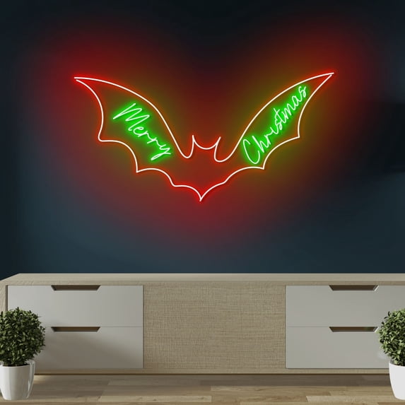 Craftnamesign Bat Merry Christmas Neon Light, Xmas LED Sign Wall Art, Bar Pub Decor
