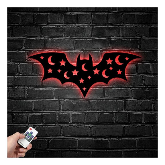 Craftnamesign Bat Night Metal Wall Art LED Light, Halloween Sign Decoration Hanging